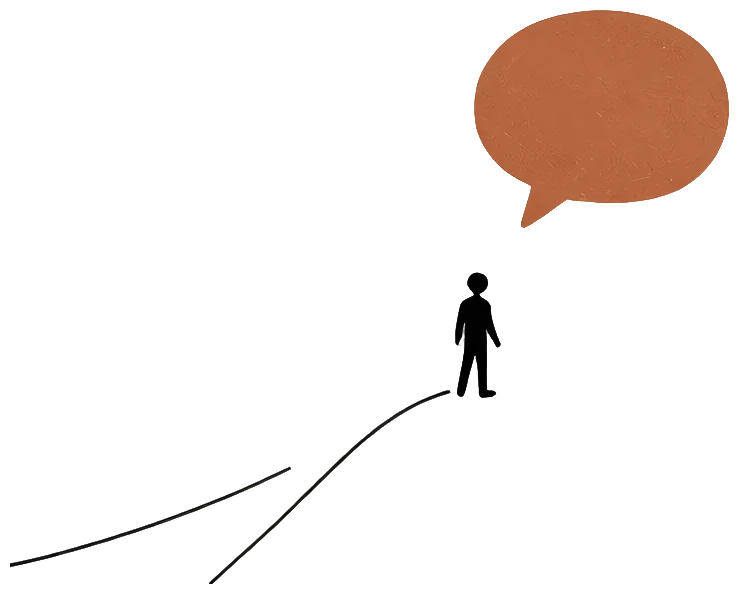 A hand-drawn figure follows a path toward a large clay speech bubble.
